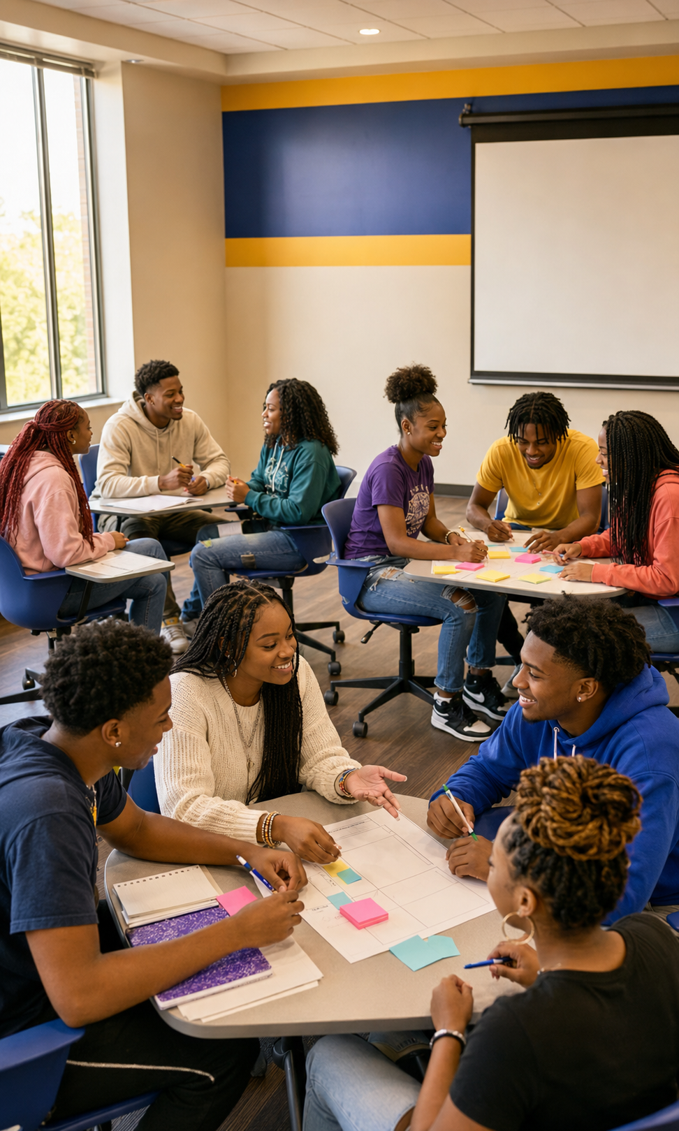 Students working in teams at tables during a workshop